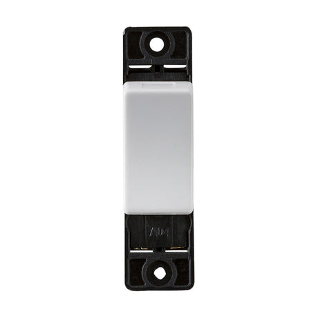A front view of the 10AX Intermediate Switch Module, a white rectangular rocker light switch encased in a sleek black thermoset resin frame. As part of the curved edge series, it includes two screw holes for mounting.