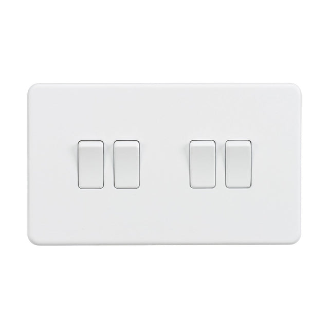 The 10AX 4 Gang 2-Way Switch in Matt White is a screwless, low-profile plate featuring premium-grade steel construction with four rectangular switches arranged in two horizontal rows.