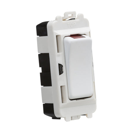 A matte white 20AX Double Pole module with an LED indicator, featuring a sturdy black housing and a discreet red LED light. As part of the Knightsbridge Grid System, this switch combines functionality with modern aesthetics against a clean white backdrop.