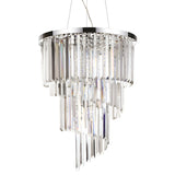 The Emberara Crystal 12 Light Chandelier in chrome features cascading rectangular crystals hanging from a round silver frame. Suspended by wires, this fixture reflects light, creating a sparkling effect that perfectly embodies the elegance of crystal lighting.