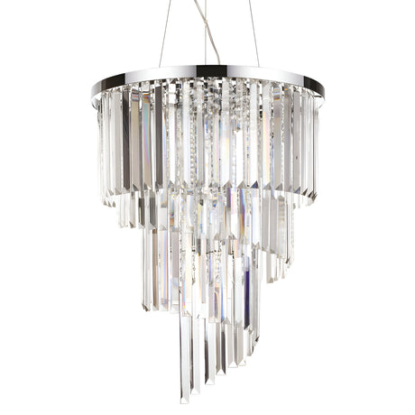 The Emberara Crystal 12 Light Chandelier in chrome features cascading rectangular crystals hanging from a round silver frame. Suspended by wires, this fixture reflects light, creating a sparkling effect that perfectly embodies the elegance of crystal lighting.