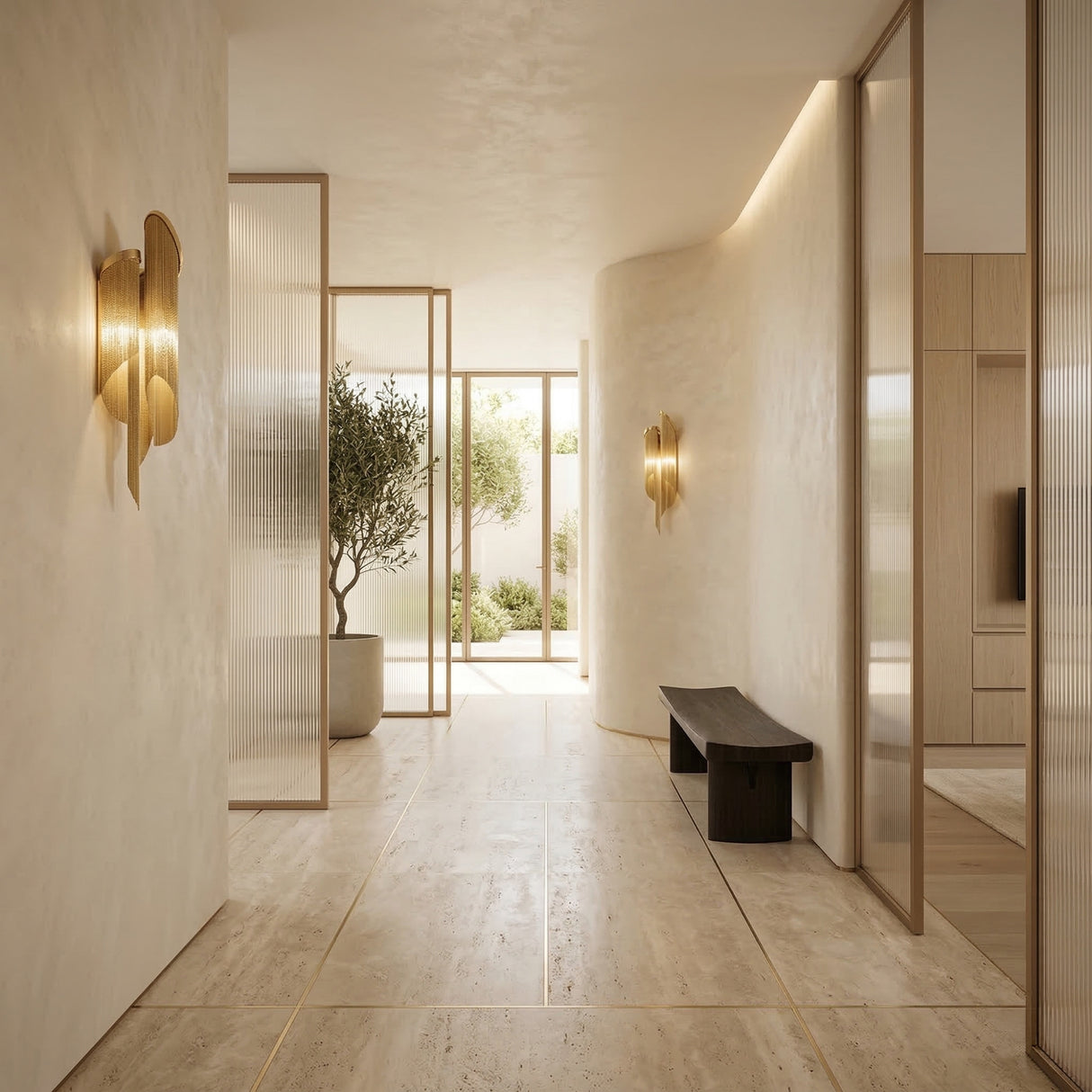 Minimalist hallway with beige walls and tiled floor, featuring the Valora 2 Light Metal Chain Veil Wall Light in gold, a dark wood bench, glass partitions, potted olive tree, and large windows letting in natural light with garden views.