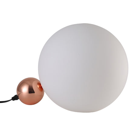 The Soul Table Lamp - Copper is a modern minimalist lamp with a large white frosted glass globe, a small copper sphere base, and a black electrical cord.