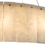 Close-up of the Arvello 12 Light Layered Panel Alabaster Chandelier in soft white and brass, showcasing overlapping rectangular alabaster panels secured with brass accents. The chandelier emits a gentle, warm glow.