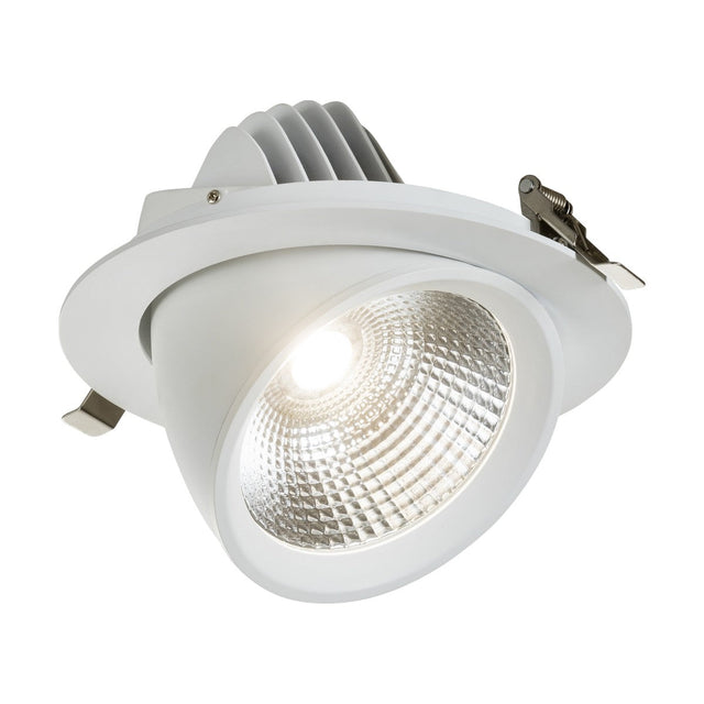 A close-up image of the SARA LED Recessed Tri-Wattage CCT Scoop Downlight - 30-40W, showcasing its COB LED technology and metallic reflective interior. This round fixture is perfect for commercial downlights, featuring an LED bulb at the center and mounting clips on the sides.