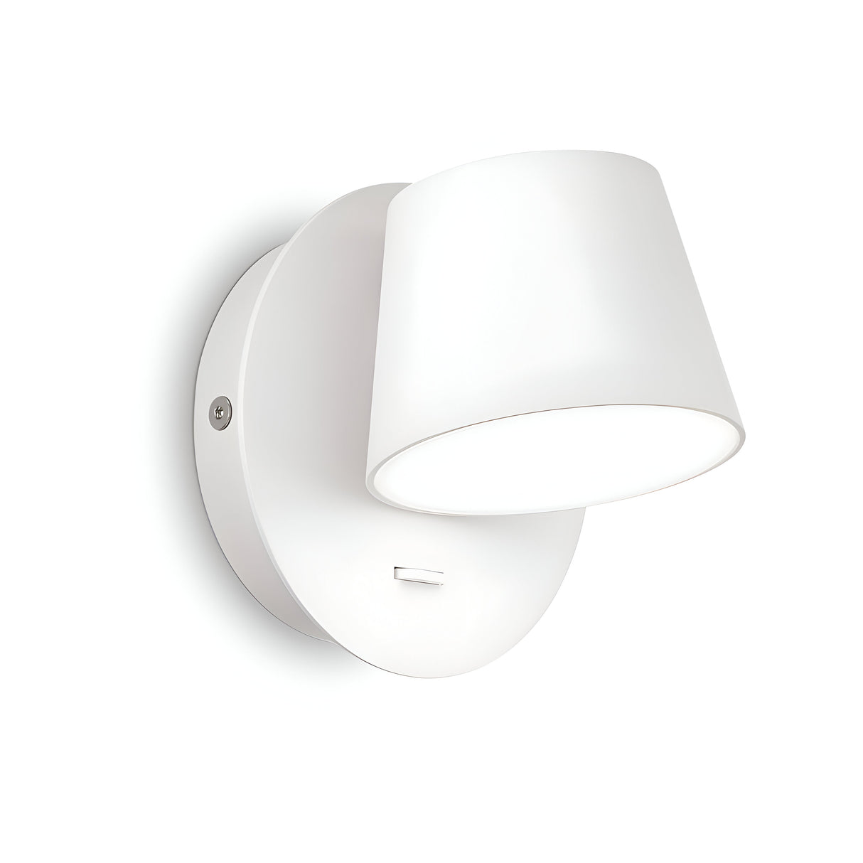 The Gim LED Wall Light 6W 3000K in white features a sleek and minimalist design with a round base and conical lampshade facing downward, making it an energy-efficient choice ideal for contemporary interiors.