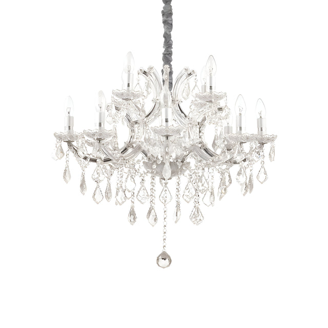 The Grove Crystal 12 Light Chandelier - Chrome, a luxurious masterpiece featuring multiple arms and candle-style bulbs, is embellished with sparkling hanging crystals. This chandelier gracefully hangs from the ceiling against a plain white background, highlighting its enchanting beauty.