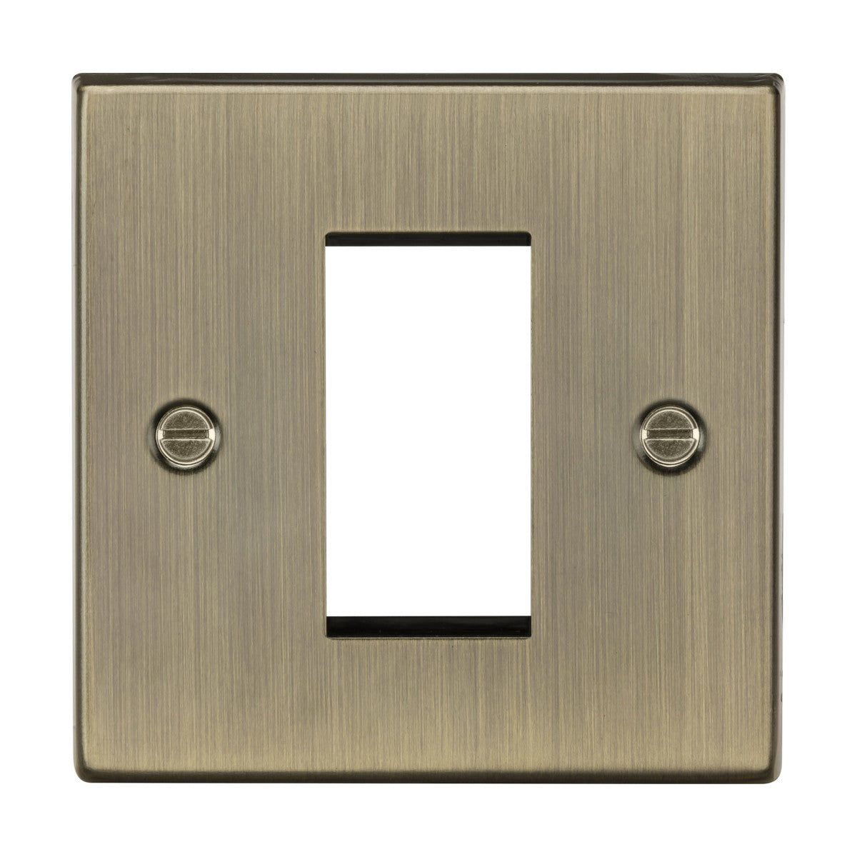 Introducing the 1 Gang Modular Faceplate in Antique Brass, designed with a rectangular center opening to accommodate euro modules. It includes two screws on each side for secure mounting.