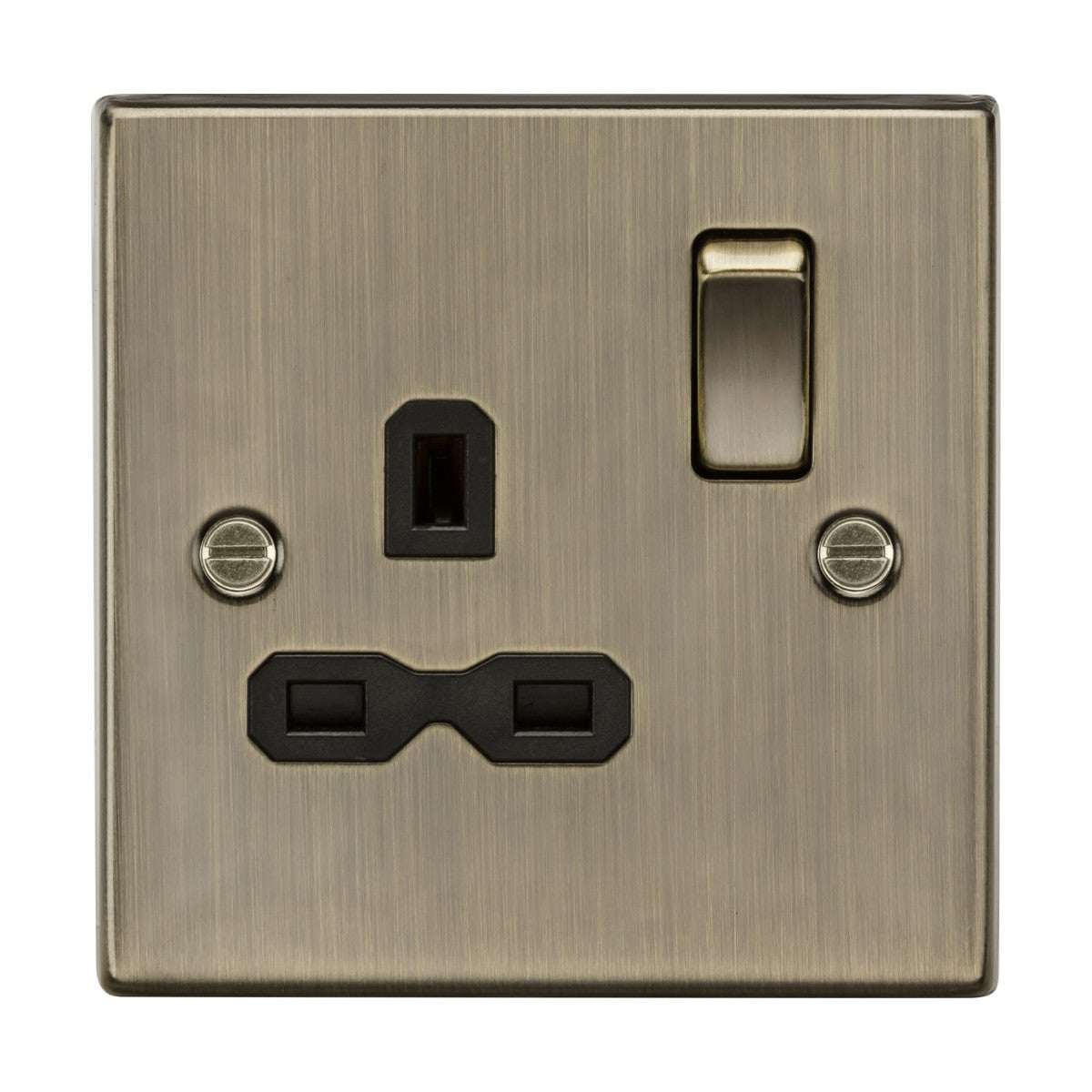 The 13A 1 Gang DP Switched Socket in antique brass with a black insert and square edge features a brushed metal finish with anti-microbial properties. It includes a double-pole switch, three-pin outlet, and two visible screws for secure mounting.