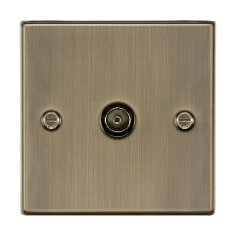 A TV outlet in antique brass, designed with a brushed metal finish and a raised black toggle switch centered within the plate. Crafted from premium grade steel, its two visible screws enhance the sophisticated allure of its sleek and polished design.