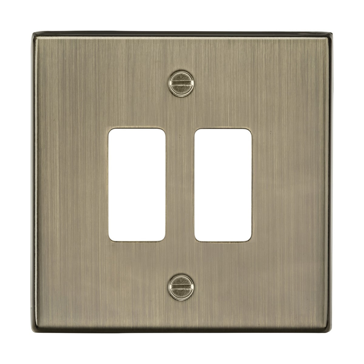 The 2 Gang Grid Faceplate - Antique Brass is a brushed metal double light switch plate with a sleek, modern appearance. It features a square-edge grid faceplate designed for two toggle switches and is part of the Knightsbridge Grid System, combining simplicity and functionality with an antique brass finish.