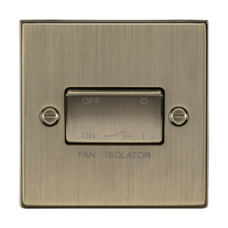 The 10AX Fan Isolator Switch - Antique Brass (Square Edge) is a triple-pole switch with FAN ISOLATOR printed at the bottom, offering three positions: OFF (O), ON (I), and a central position, with screws visible on the top left and bottom right corners.