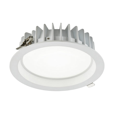 The Seren LED Dimmable Recessed Tri-Wattage CCT Dimmable Downlight, offering 30-40W, boasts a round design with a white trim and heat sink feature, complemented by metal clips for easy installation. Part of the innovative SEREN downlights collection, this fixture provides CCT adjustability, making it perfect for adaptable commercial lighting applications.