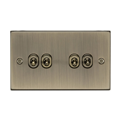 The 10AX 4 Gang 2-Way Toggle Switch in antique brass, with a square edge design and visible screws, adds charm to vintage-inspired interiors. Its brushed metallic finish makes it perfect for dual-entrance lighting control setups.