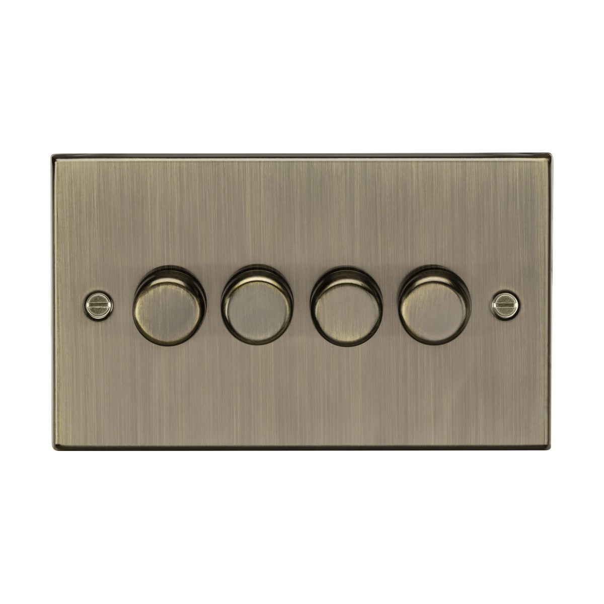 The 4 Gang 2-Way 10-200W (5-150W LED) Intelligent Dimmer in Antique Brass showcases a rectangular plate with four circular knobs aligned horizontally. The knobs are evenly spaced, and the brushed finish plate features small screws on the sides. It is equipped with trailing-edge mode for efficient performance.