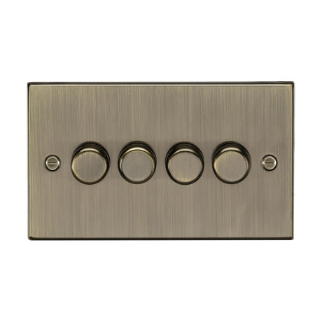 The 4 Gang 2-Way 10-200W (5-150W LED) Intelligent Dimmer in Antique Brass showcases a rectangular plate with four circular knobs aligned horizontally. The knobs are evenly spaced, and the brushed finish plate features small screws on the sides. It is equipped with trailing-edge mode for efficient performance.