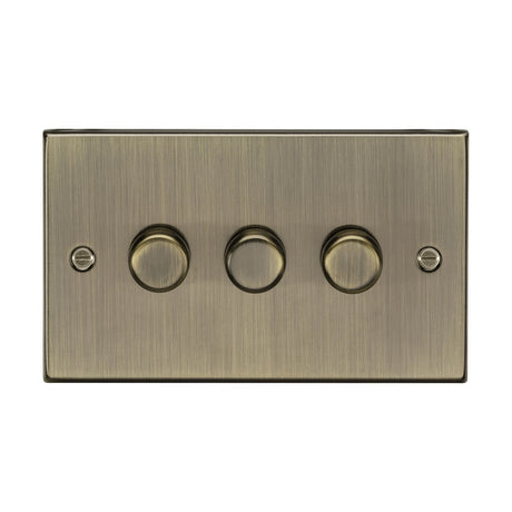 Introducing the 3 Gang 2-Way Intelligent Dimmer, offering a timeless appeal with an antique brass finish. This rectangular brass light switch plate accommodates three round knobs in the center, secured with two screws on each side. It's perfect for those seeking a classic look combined with modern dimmer solutions, capable of handling up to 200W (or up to 150W if using LED).