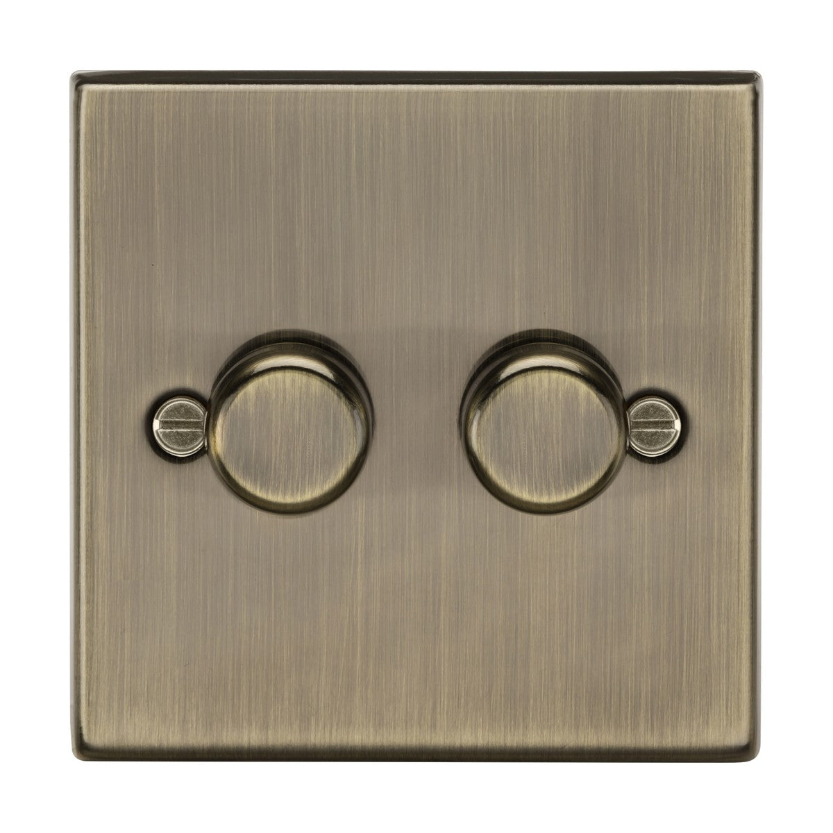 A 2 Gang 2-Way Intelligent Dimmer with a brushed antique brass finish, featuring round knobs, two small visible screws on the faceplate, and supports 10-200W (5-150W LED).