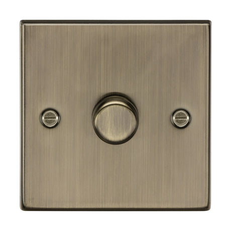 The 1 Gang 2-Way 10-200W (5-150W LED) Intelligent Dimmer in antique brass, with a square edge design and single round knob, has side screws and is compatible with trailing-edge mode for precise lighting control.