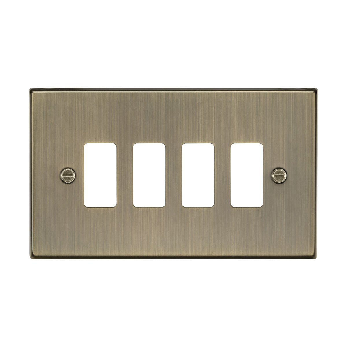 The 4 Gang Grid Faceplate in Antique Brass offers a brushed metal finish with four switch openings and two screw holes, ensuring seamless compatibility with the Knightsbridge Grid System.