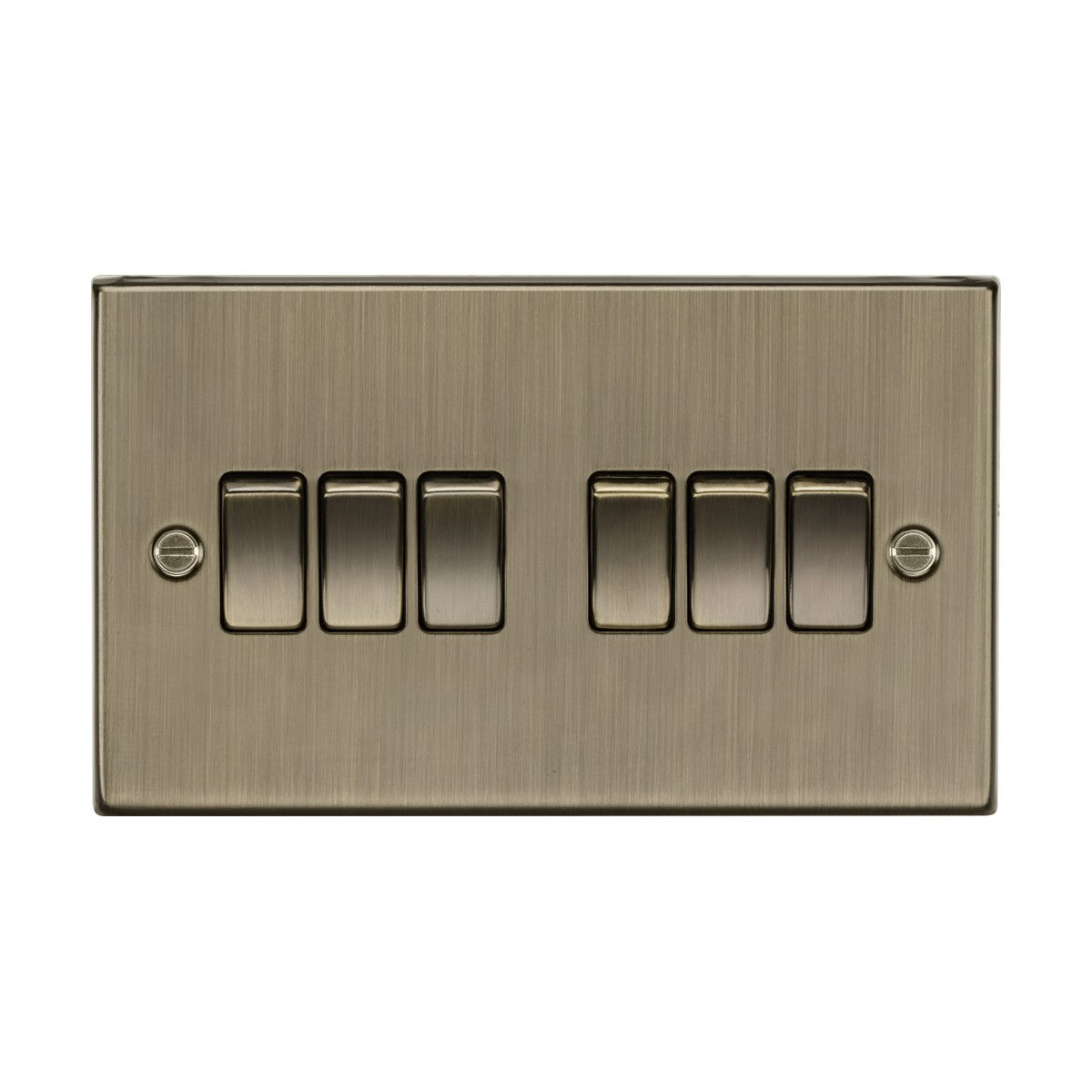 The 10AX 6 Gang 2-Way Plate Switch - Antique Brass (Square Edge) features a brushed metal panel with six minimalist switches in two rows, an antique brass finish, and dual-entrance lighting control. The vintage design is secured using two side screws for added elegance and functionality.