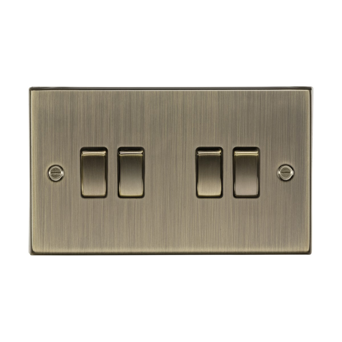 The 10AX 4 Gang 2-Way Plate Switch in antique brass features four rectangular rocker switches with a square-edge design and visible mounting screws, adding a subtle metallic sheen.