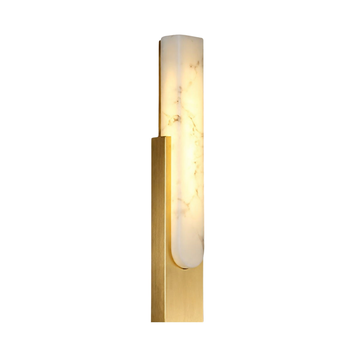 The Nerava LED Large Slim Column Alabaster Wall Light in soft white and brass features a vertical rectangular base and a cylindrical Spanish alabaster shade, casting a warm, soft LED glow.