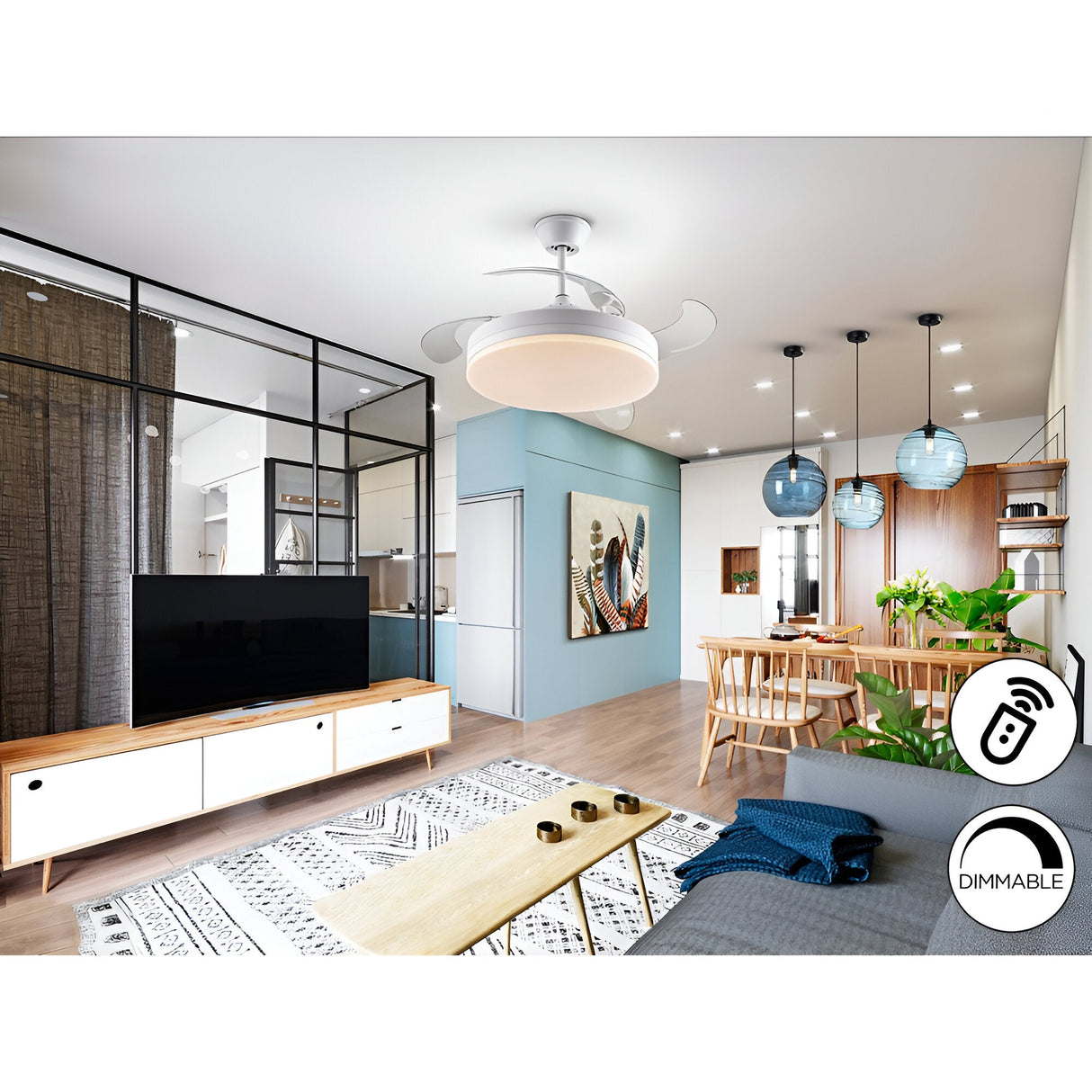 Vento CCT Dimmable LED Retractable Blades Ceiling Fan Light - White