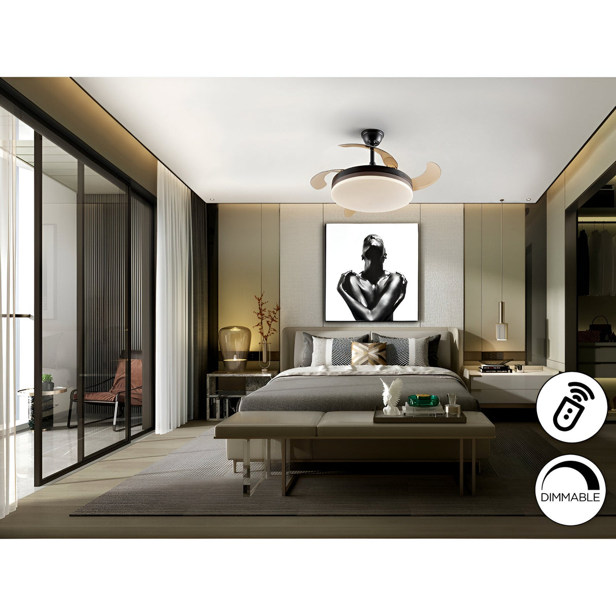 Vento CCT Dimmable LED Retractable Blades Ceiling Fan Light - Black/Brown