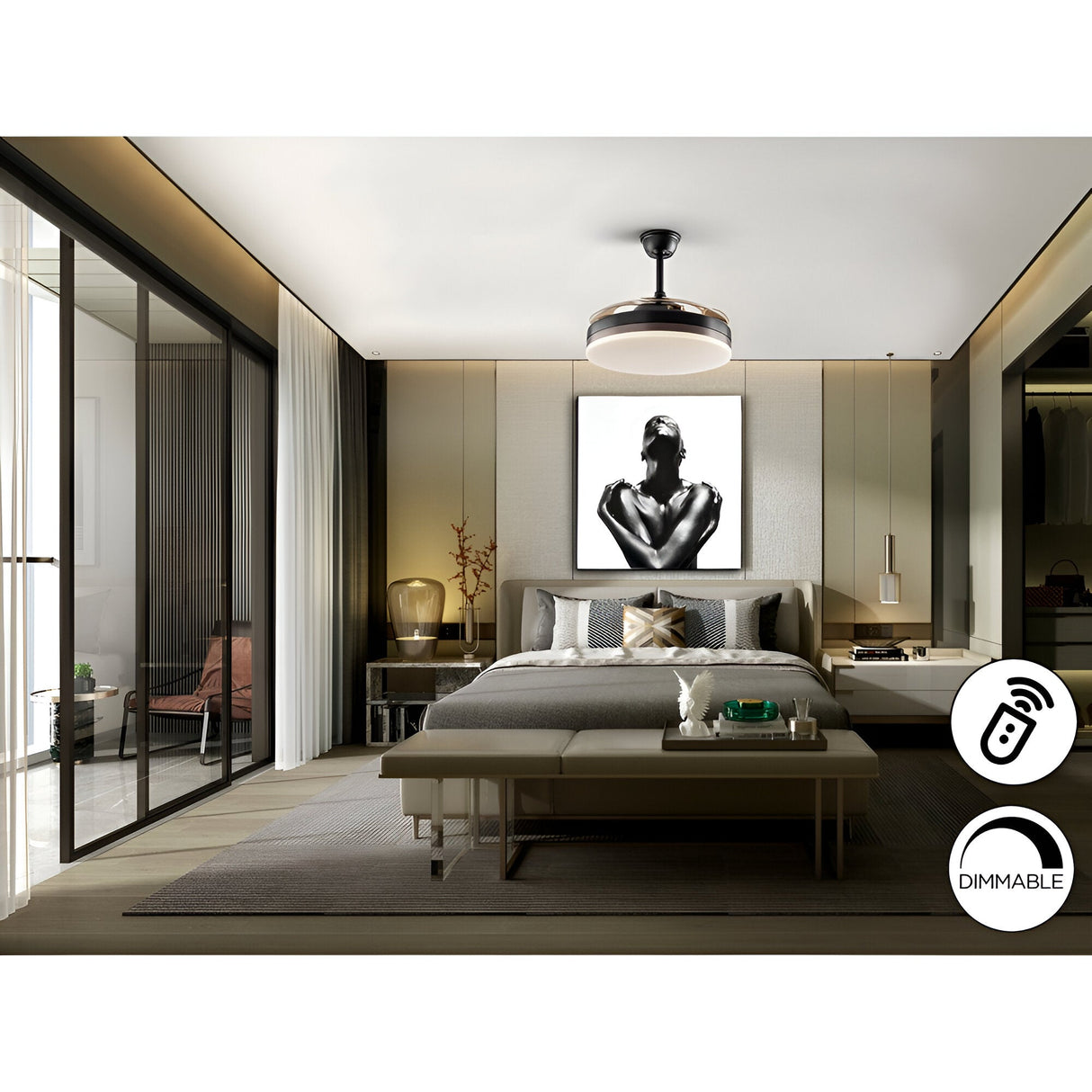 Vento CCT Dimmable LED Retractable Blades Ceiling Fan Light - Black/Brown