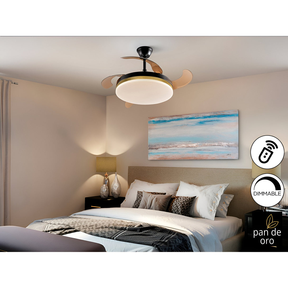 Vento CCT Dimmable LED Retractable Blades Ceiling Fan Light - Black/Gold