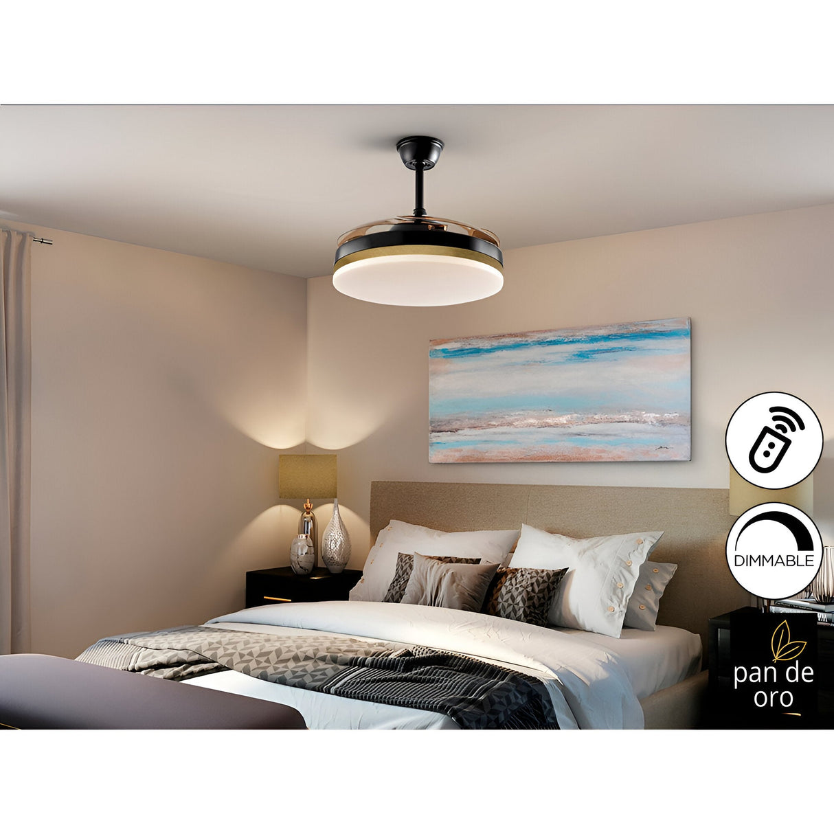 Vento CCT Dimmable LED Retractable Blades Ceiling Fan Light - Black/Gold