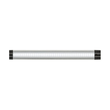 The 24V 3W Linkable LED Strip Light 6000K - 31cm boasts a sleek, cylindrical design and features a row of small, evenly spaced lights. It has black end caps and emits a bright, uniform cool white glow at 6000K.
