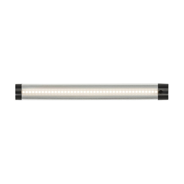 The 24V 3W Linkable LED Strip Light 3000K - 31cm features a metallic finish with warm white, evenly spaced LED bulbs along its cylindrical design. It includes black mounts at both ends for easy installation or attachment, making it perfect for creating a cohesive lighting scheme.