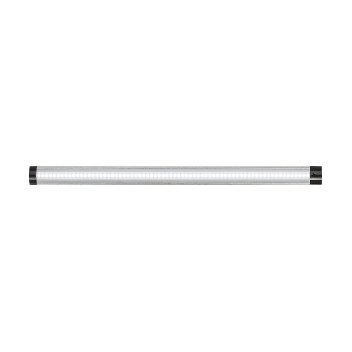 The 24V 5W Linkable LED Strip Light 6000K - 51cm, featuring a cylindrical design with dimmable functionality and cool white illumination, elegantly showcases its sleek white surface and black end caps against a pristine white background.