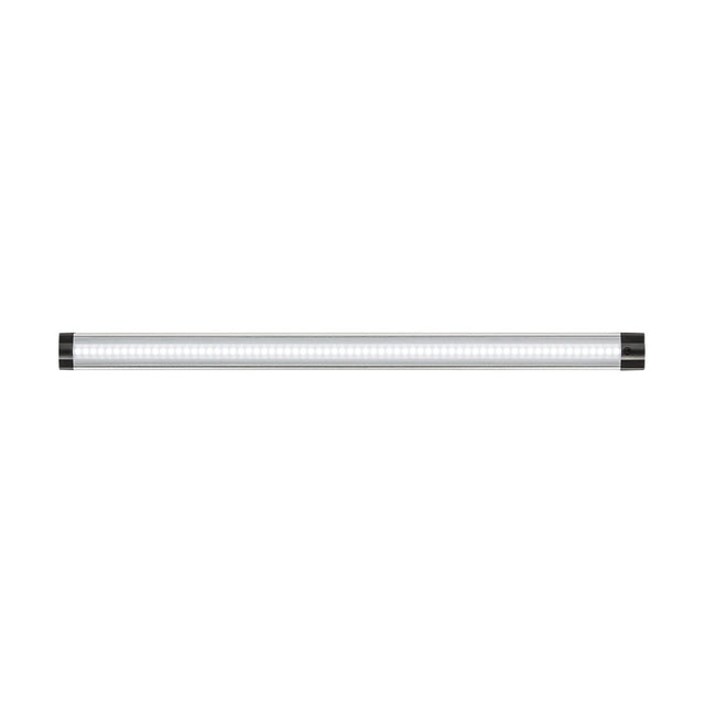 The 24V 5W Linkable LED Strip Light 6000K - 51cm, featuring a cylindrical design with dimmable functionality and cool white illumination, elegantly showcases its sleek white surface and black end caps against a pristine white background.