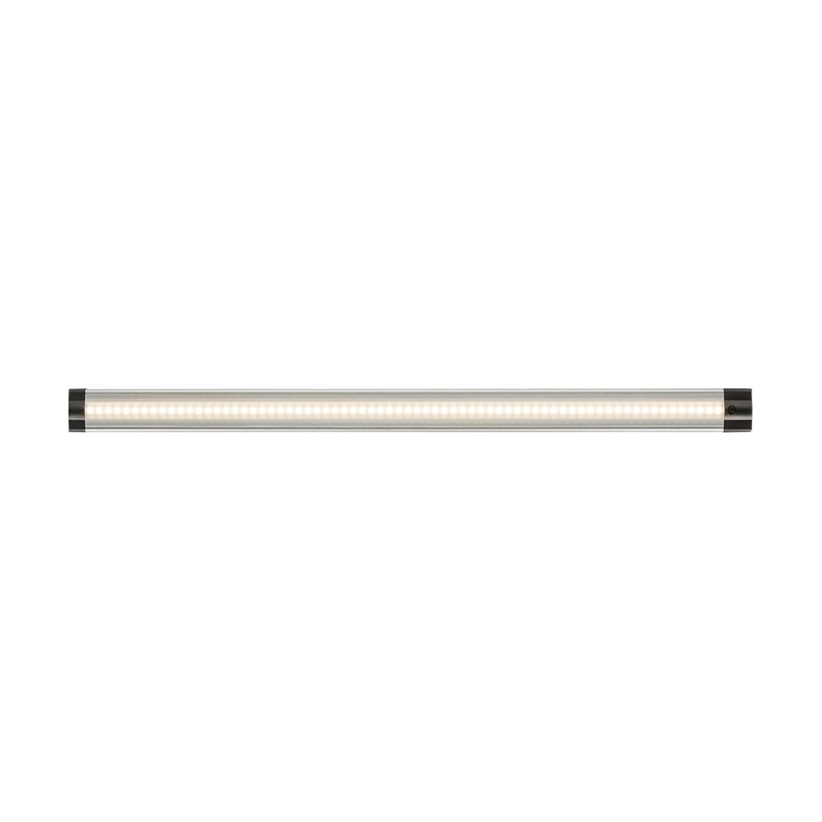 Introducing the 24V 5W Linkable LED Strip Light 3000K - 51cm, a sleek and cylindrical lighting solution with a stylish metallic finish and elegant dark end caps. This strip light emits a warm white glow that is both bright and even across its surface, providing convenient linking capabilities for extended illumination.
