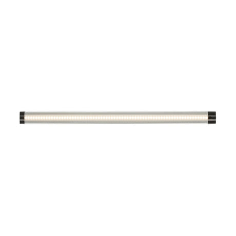Introducing the 24V 5W Linkable LED Strip Light 3000K - 51cm, a sleek and cylindrical lighting solution with a stylish metallic finish and elegant dark end caps. This strip light emits a warm white glow that is both bright and even across its surface, providing convenient linking capabilities for extended illumination.