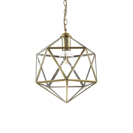 The Verdant 1 Light Large Pendant - Brass features a geometric design with a clear glass bulb encased in a symmetrical metal frame. Its brass finish and matching chain enhance its elegant appearance, bringing sophistication to any space.