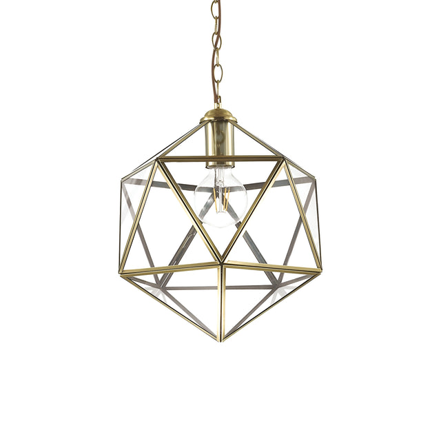 The Verdant 1 Light Large Pendant - Brass features a geometric design with a clear glass bulb encased in a symmetrical metal frame. Its brass finish and matching chain enhance its elegant appearance, bringing sophistication to any space.
