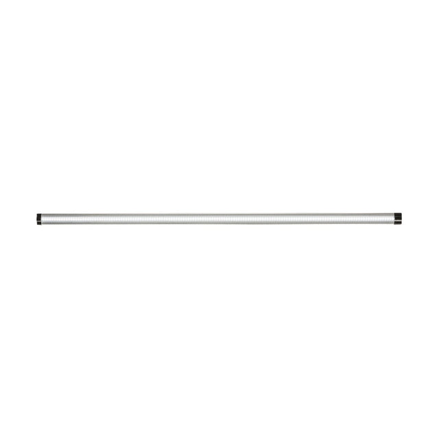 A long, cylindrical LED light bar with a sleek, minimalist design is centered on a white background. This dimmable 24V 11W Linkable LED Strip Light 6000K - 101cm, in cool white, features a slim metallic frame that stands out even when turned off.