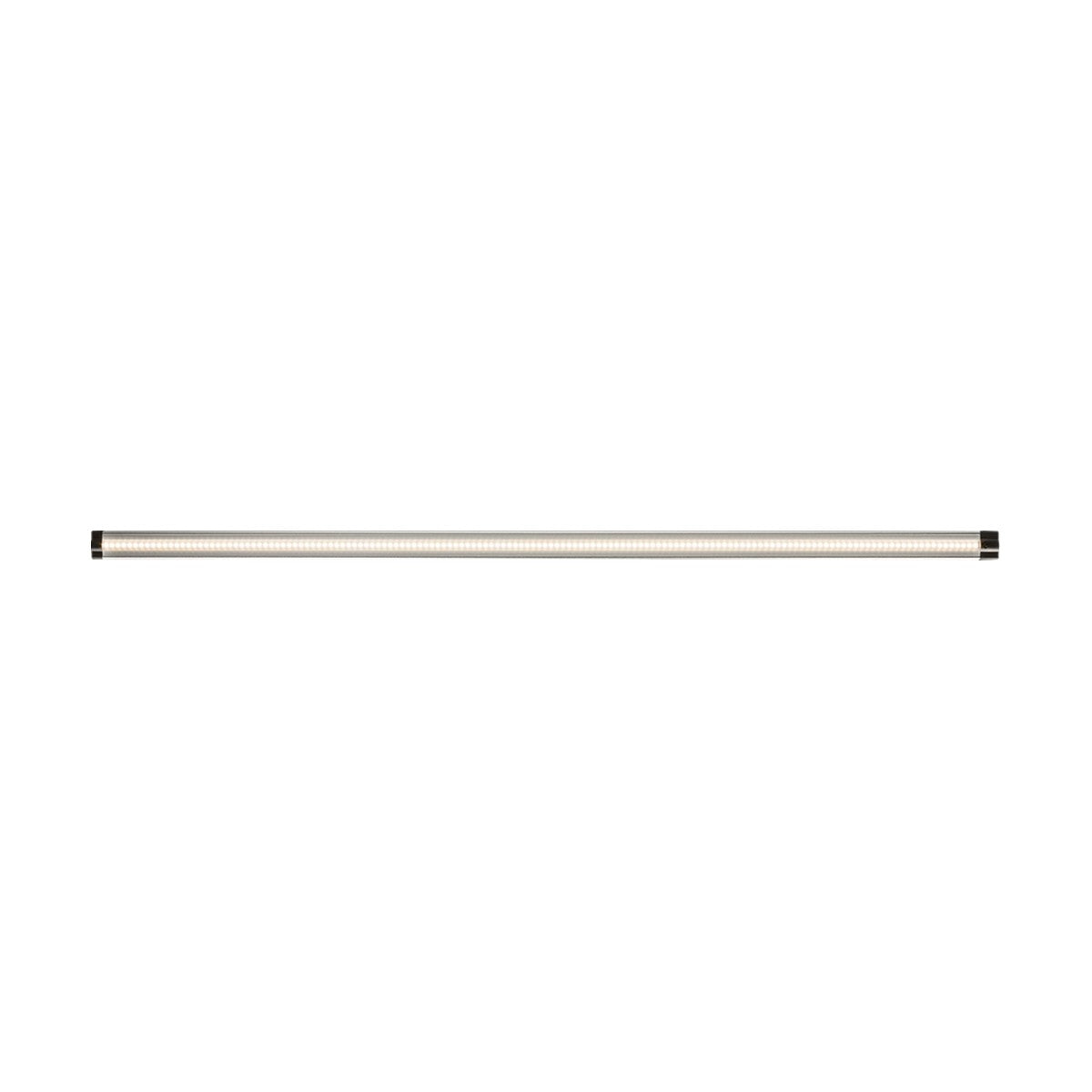 Overhead minimalist view of the 24V 11W Linkable LED Strip Light 3000K - 101cm, featuring a long, slim design that emits a warm white glow through its thin, transparent casing. The capped ends contrast elegantly against the plain white background.