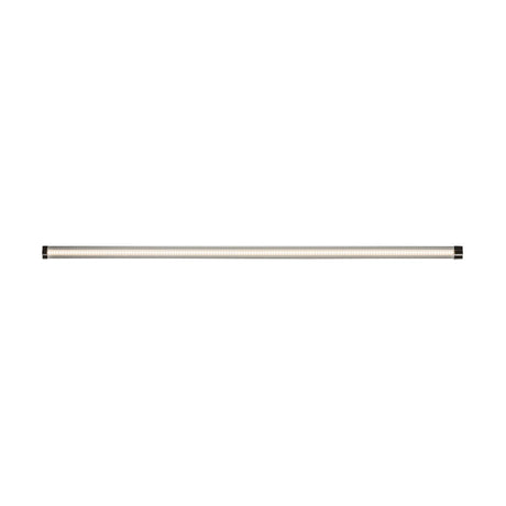 Overhead minimalist view of the 24V 11W Linkable LED Strip Light 3000K - 101cm, featuring a long, slim design that emits a warm white glow through its thin, transparent casing. The capped ends contrast elegantly against the plain white background.