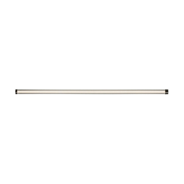 Overhead minimalist view of the 24V 11W Linkable LED Strip Light 3000K - 101cm, featuring a long, slim design that emits a warm white glow through its thin, transparent casing. The capped ends contrast elegantly against the plain white background.
