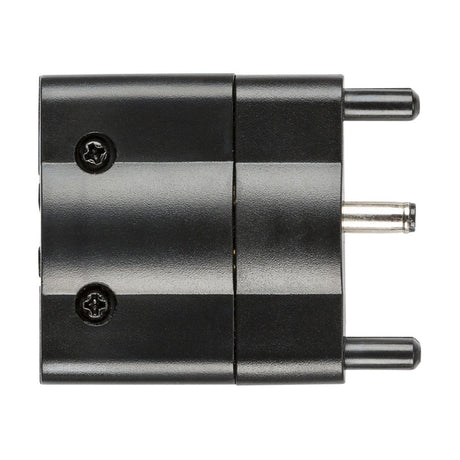 The 24V DC Plug-In Power Connector for LED Linkable Flat Striplights is a black adapter designed for EU-style outlets, featuring two round pins and two screws on its body. Rated IP20 for safety, it ensures that your setup remains stylish and functional against a white backdrop.