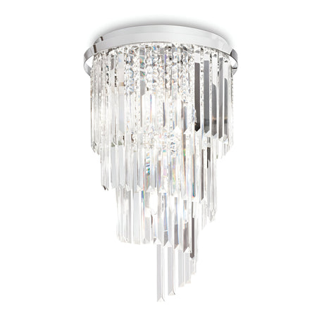 The Emberara 8 Light Crystal Chandelier - Chrome showcases cascading crystal prisms hanging from a chrome-finished, silver circular base. Its luxurious design splendidly reflects light, establishing a sophisticated ambiance.