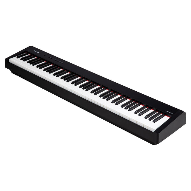 The NU-X NPK-10 Digital Piano is a digital grand piano keyboard featuring 88 hammer-action keys, a sleek black body, and the classic white and black key design. It boasts a minimalistic aesthetic and includes MIDI Bluetooth connectivity, making it an ideal choice for both beginners and experienced players.