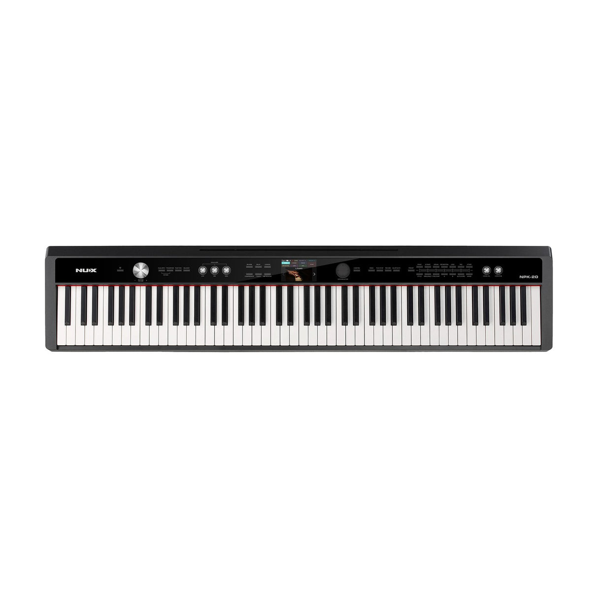 NU-X NPK-20 88-note digital stage piano in black with hammer-action keys, colour LCD display, control knobs and buttons, on a plain white background.