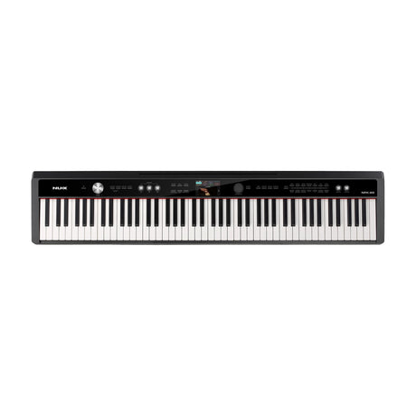 NU-X NPK-20 88-note digital stage piano in black with hammer-action keys, colour LCD display, control knobs and buttons, on a plain white background.