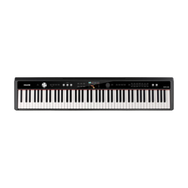 NU-X NPK-20 88-note digital stage piano in black with hammer-action keys, colour LCD display, control knobs and buttons, on a plain white background.
